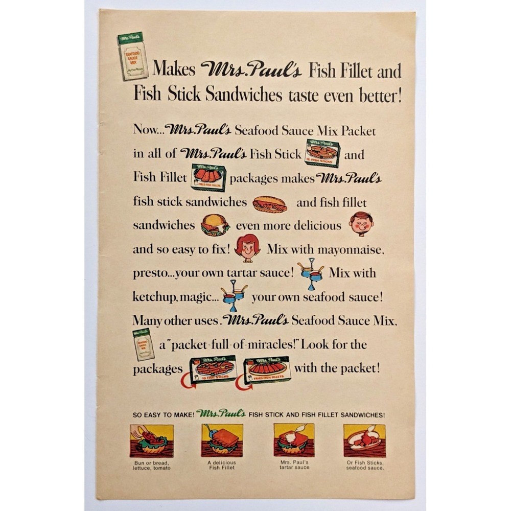 Mrs. Paul's Fish Fillet & Fish Sticks Vintage 1960s Print Ad Seafood Sauce Mix‎